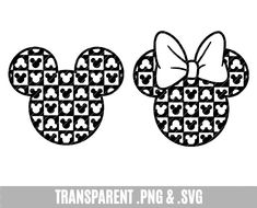 mickey and minnie mouse heads with hearts on them in black and white, the image is cut