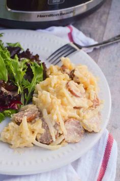 a white plate topped with meat and salad next to an instant pot roaster oven