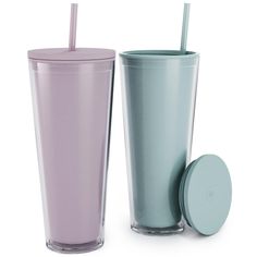 two different colored cups with lids and straws