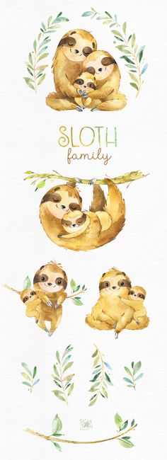 watercolor sloth family with leaves and branches