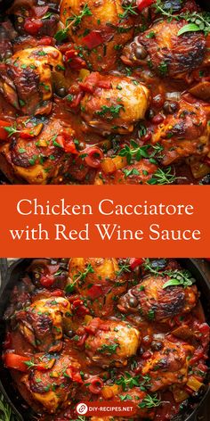 chicken cacciatore with red wine sauce in a skillet