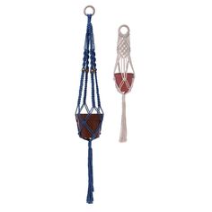 two different types of macrame hangings with tassels on each one