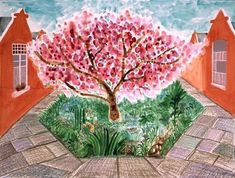 a drawing of a tree with pink flowers in the middle of a courtyard and brick walkway