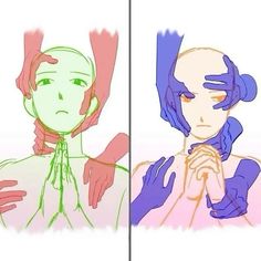 two different colored drawings of people with hands on their chest