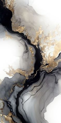 an abstract painting with gold and black paint on it's surface, in the shape of waves