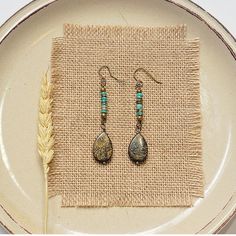 Brass Wire Wrapped With Turquoise Jasper & Bronzite Beaded Earrings Adjustable Beaded Turquoise Teardrop Earrings, Bohemian Beaded Turquoise Teardrop Earrings, Bohemian Turquoise Beaded Teardrop Earrings, Boho Earrings Diy, Simple Bead Earrings, Free People Earrings, Turquoise Gemstone Earrings, Earthy Earrings, Homemade Earrings