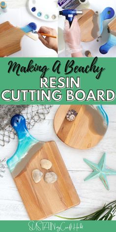 making a beachy resin cutting board with shells and starfish on the table