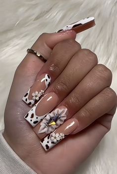 Ranchero Nails, Westerns Nails, Cow Print Nails With 3d Flowers, 4h Nails, Western Acrylic Nail Designs, Mexican Acrylic Nails