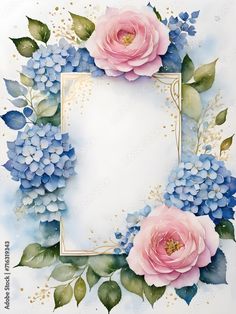 watercolor painting of blue and pink flowers on white background with gold frame for text