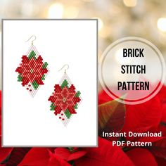 a pair of red poinsettias on white background with text overlay that reads, brick stitch pattern instant download