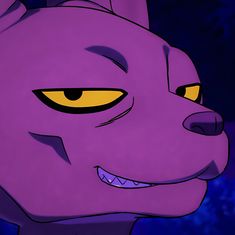 a purple dog with yellow eyes and an evil look on it's face is looking at the camera