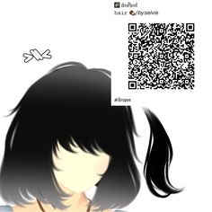 a girl with long black hair has a qr code on her shirt and is looking at the camera