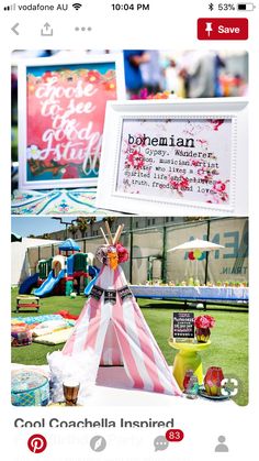 a teepee tent is set up on the grass for an outdoor birthday party with colorful decorations