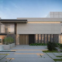 an architectural rendering of a modern house with large windows and lots of greenery on the front yard