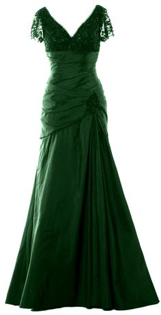 a green evening gown on display in front of a white background with an image of the dress