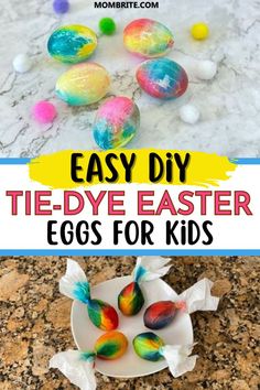 easter eggs made out of toilet paper on a plate with text overlay that says easy diy tie dye easter eggs for kids