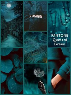 a collage of photos with the words pantonee quetzal green on them