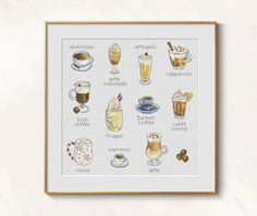 a cross stitch pattern with coffees and drinks on it, framed in a gold frame