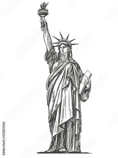 the statue of liberty in new york city, usa hand drawn sketch on white paper