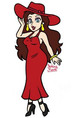 a drawing of a woman in a red dress and hat