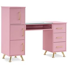 a pink desk with gold handles and drawers