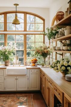 a kitchen filled with lots of counter top space next to a large window covered in potted plants