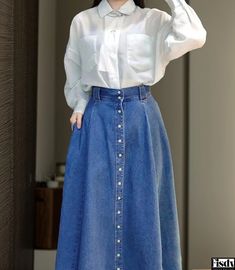 Fisdy - High-Waisted Denim Midi Skirt with Single Button Closure and Pleated Detailing Skirt Outfit For Hijab, Modest Cute Outfits, Affordable Outfits, High Waisted Denim Skirt, Long Skirt Outfits, Muslim Outfits Casual, Fashion Drawing Dresses, Muslim Outfits, Muslim Fashion Outfits