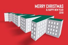 three white buildings with green roofs on red background for merry christmas and happy new year