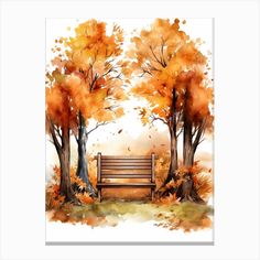 a watercolor painting of a park bench in the fall