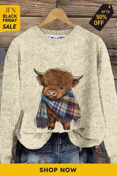 Get Exclusive 20% Off Now! CODE: GG20. Buy smart and save big with our limited-time women's clothing promotions. Shop now for timeless Grace and glamour. Cow Sweater, Coffee Sweater, Highland Cow Print, Vintage Festival, Cute Sheep, Cow Pattern, Round Neck Sweaters, Halloween Patterns, Cozy Sweatshirts