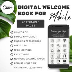 the digital welcome book for mobile is displayed on a white background with green leaves and text