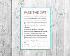 a piece of paper with the words pass the gift written in red and blue on it