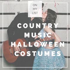 a man and woman kissing while holding guitars in front of a wall with the words country music halloween costumes on it