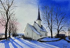 a painting of a church in the snow