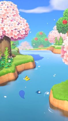 an animal crossing a river with lots of trees and flowers on the banks in front of it