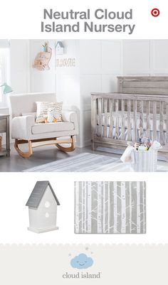 a baby's nursery room with white furniture and gray decor, including a crib