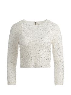 Delaina Embellished Crop Top In Ecru/ecru | Alice And Olivia Glamorous White Cropped Top, Elegant Embellished Crop Top For Party Season, Elegant Cropped Sequin Top, Embellished Long Sleeve Crop Top For Evening, Glamorous White Top For Party Season, Embellished Evening Crop Top, Embellished Crop Top For Evening, Glamorous White Sequined Crop Top, Embellished Long Sleeve Crop Top For Night Out