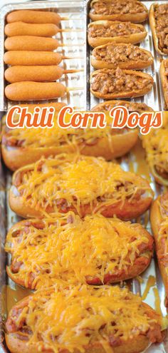 hot dogs and chili condiments on a baking sheet with the words chili condiments above them