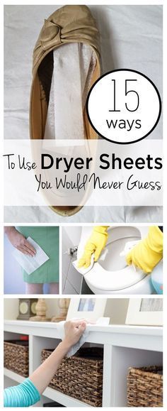 there is a collage of pictures with different items in it and the words, 15 ways to use dryer sheets you would never guess