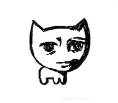 a black and white drawing of a cat's face with eyes wide open, looking to the left