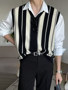 Multicolor Casual Collar  Fabric Striped  Embellished Slight Stretch  Men Clothing Nerd Outfits, Masc Outfits, Colorblock Sweater, Sweater Vests, Guys Clothing Styles, Mens Outfit Inspiration, Men Fashion Casual Outfits, Streetwear Men Outfits, Swaggy Outfits