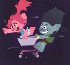 two cartoon characters pushing a shopping cart