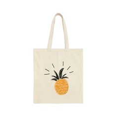 "Radiate Sunshine with Our 'Pineapple Paradise' Tote Bag. 100% cotton canvas bag is perfect for your everyday adventures, measuring 15\" x 16\". Its durable and heavy fabric (12 oz/yd²) ensures it will be your reliable companion for years to come. The 20\" handles, made from the same sturdy canvas material, make it a breeze to carry, even when you've got a week's worth of shopping to tote around. Care Instructions: To keep your \"Pineapple Paradise\" tote looking fresh and vibrant, we recommend