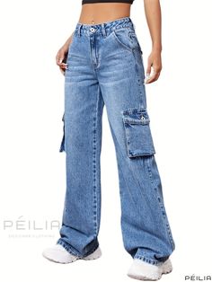 Peilia - Modern Womens Denim Jeans - Blue Loose Fit Straight Leg Pants with Flap Pockets in Boyfriend Style, Inspired by Y2K & Kpop Fashion Trends Trendy Medium Wash Jeans With Side Pockets, Trendy Light Wash Jeans With Pockets, Blue Flare Jeans With Pockets For Streetwear, Trendy Dark Wash Jeans With Pockets, High Rise Blue Flare Jeans With Pockets, Blue High Rise Flare Jeans With Pockets, Trendy Medium Wash Flare Jeans With Side Pockets, Blue Utility Cotton Flare Jeans, Blue High Rise Flare Jeans