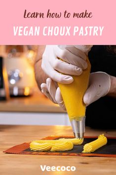 a person is making vegan chox pastry on a cutting board with the words, learn how to make vegan chox pastry