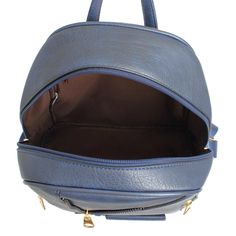 Women's Backpack Soft Grain Navy Vegan Faux Leather Moto Backpack Featuring Zipper, Buckle, and Pocket Front Detail. Two Side Zippers on Front are Pockets. The others are decoration only. Main Zipper Closure. Top Handle. Adjustable Canvas Shoulder Straps.