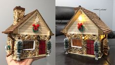 two pictures of a house made out of rocks and wood with decorations on the roof