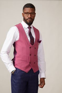 KELVIN - Berry Double Breasted Waistcoat Pink Tailored Three-piece Suit For Wedding, Elegant Tailored Pink Three-piece Suit, Tailored Pink Three-piece Suit For Semi-formal Occasions, Formal Fitted Pink Three-piece Suit, Elegant Fitted Red Vest, Fitted Spring Suit With Vest, Formal Pink Tailored Three-piece Suit, Formal Tailored Pink Three-piece Suit, Pink Tailored Three-piece Suit With Notch Lapel