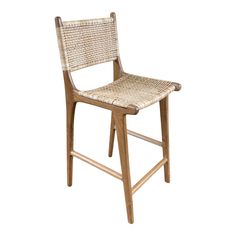 a wooden and wicker bar stool on a white background with the seat upholstered