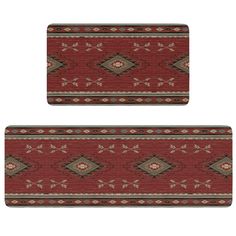 two red rugs with different designs on them